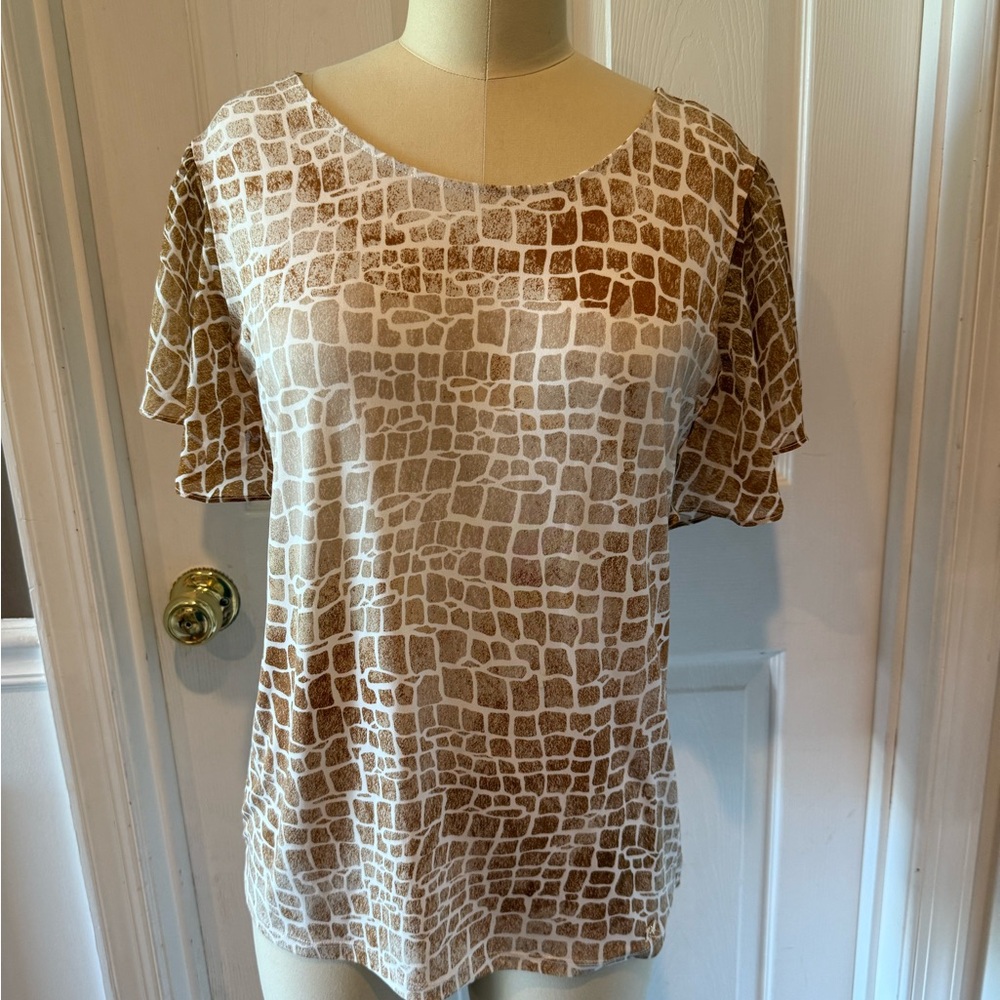 Calvin Klein Brown and Tan- Giraffe Pattern Blouse w/ Sheer Flutter Sleeves